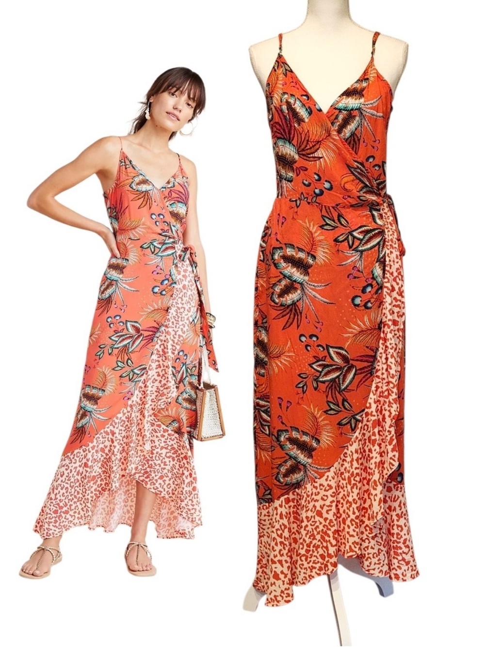 FARM Rio Coral Orange Floral & Leopard Print Wrap Maxi Dress